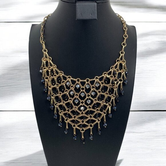 Vintage Art Deco Beaded Lace Chainmail Gold-Tone Necklace With Iridescent Beads - Picture 1 of 4